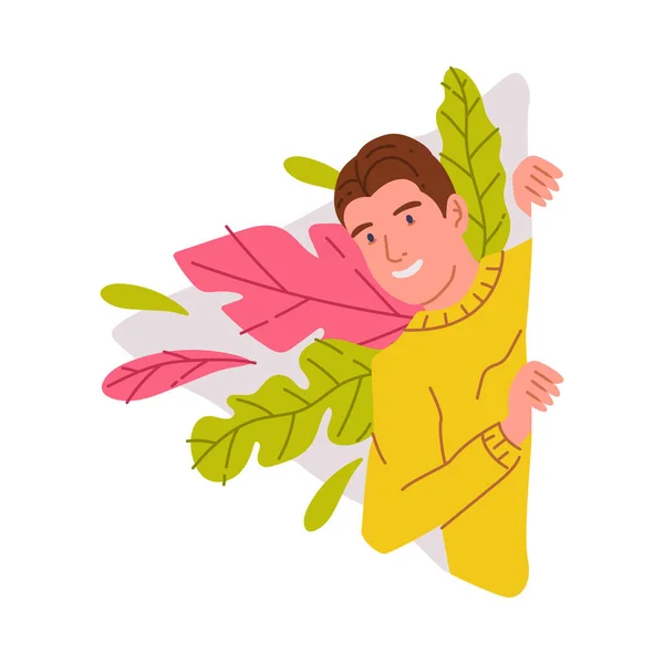 Uśmiechnięty człowiek zerkający zza rogu z kolorowym wektorem liści Ilustracja — Wektor stockowy