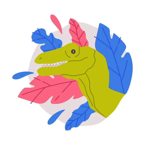 Cute zielony dinozaur zwierzę zerkając z okrągłej dziury z kolorowe liści wektor ilustracji — Wektor stockowy
