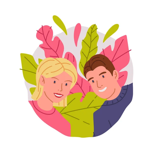 Uśmiechnięty mężczyzna i kobieta zerkający przez okrągłe okno z kolorowym wektorem liści Ilustracja — Wektor stockowy