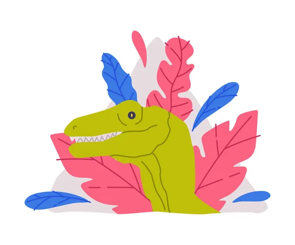 Cute zielony dinozaur zwierzę zerkając z otworu trójkąta z kolorowe liści wektor ilustracji — Wektor stockowy