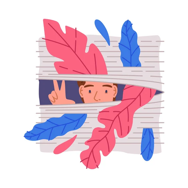Muž vykukující z okna opona s barevným Foliage vektorem ilustrace — Stockový vektor