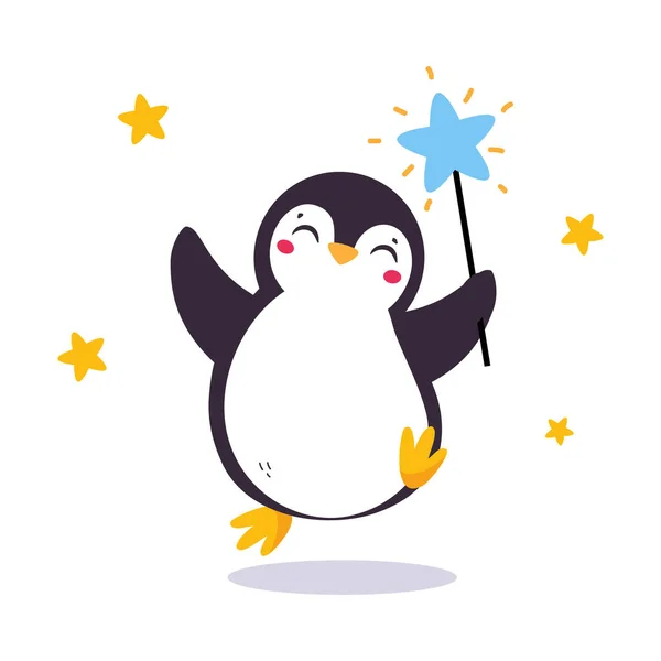 Leuke pinguïn met rode wangen springen met magische toverstaf vector illustratie — Stockvector