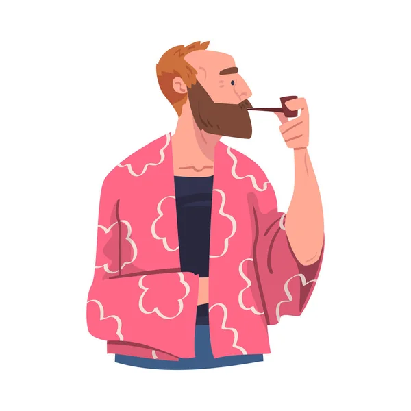 Homme barbu regardant quelque chose d'intéressant et de fumer Tuyau Illustration vectorielle — Image vectorielle