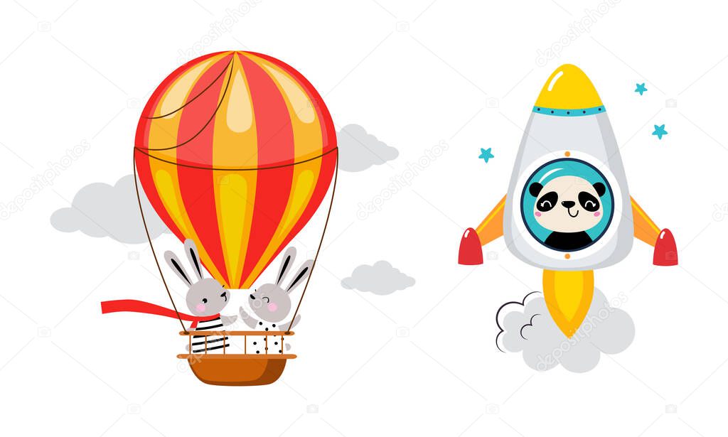 Cute Panda and Hare Animal Flying on Board of Rocket Launching in Cosmos and Hot Air Balloon Vector Set