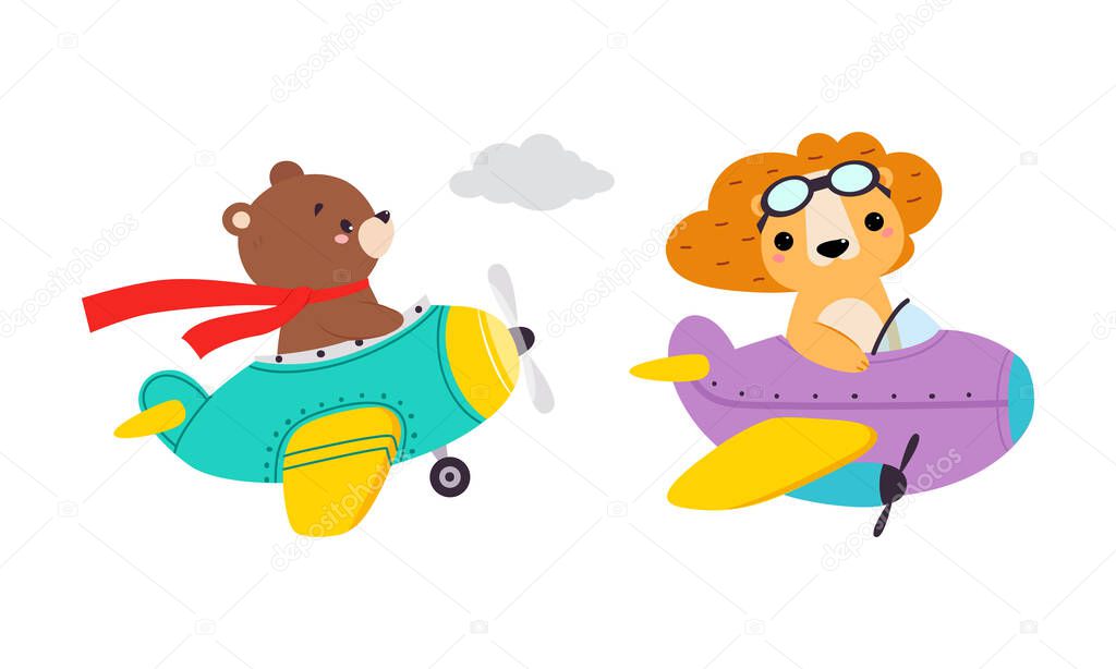 Cute Bear and Lion Animal Flying on Airplane with Propeller Vector Set
