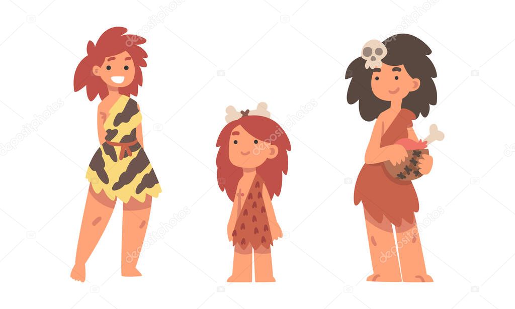 Standing Primitive Woman Character from Stone Age Wearing Animal Skin Vector Illustration Set