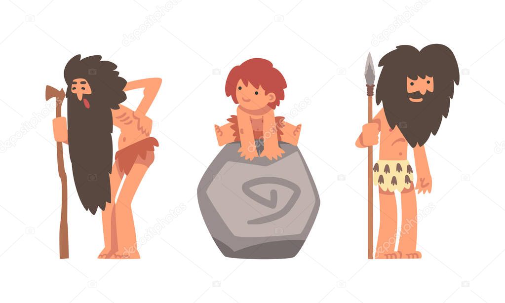 Standing Primitive Man Character with Spear and Boy from Stone Age Wearing Animal Skin Vector Illustration Set