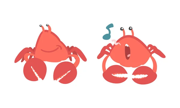 Caráter de caranguejo vermelho como mamífero aquático com par de pinças sorrindo e cantando conjunto de ilustração vetorial — Vetor de Stock