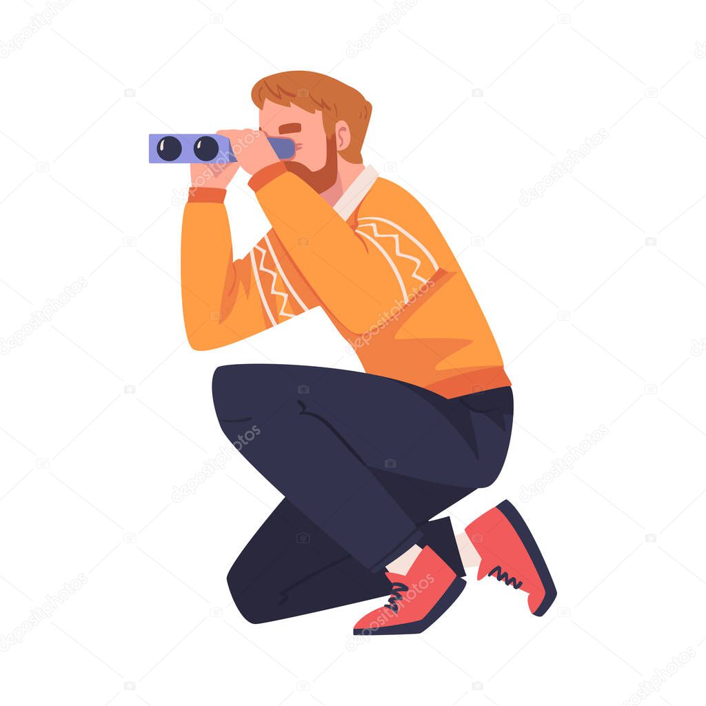 Bearded Man Looking at Something Interesting with Binoculars Sitting on Haunches Vector Illustration