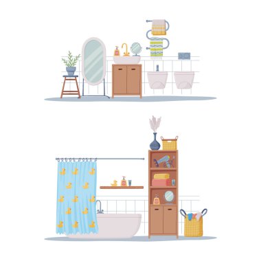 Banyo ya da Tuvalet İçi Kabine, Küvet ve Çamaşır Seti Vektör İllüstrasyonu Seti