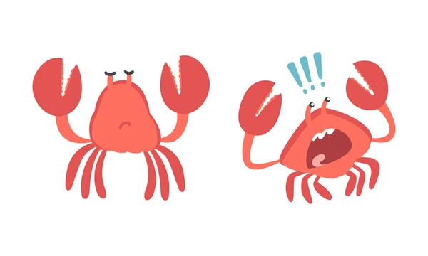 Caractère de crabe rouge en tant que mammifère aquatique avec paire de pinces au visage triste et ensemble d'illustration vectorielle criante — Image vectorielle