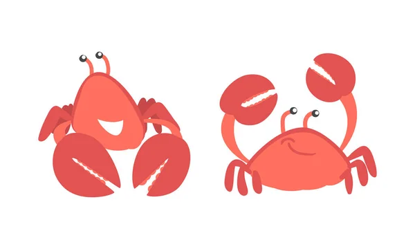 Caráter de caranguejo vermelho como mamífero aquático com par de pinças sorrindo conjunto de ilustração vetorial — Vetor de Stock