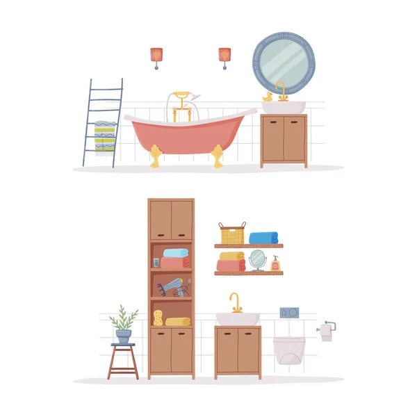 Cuarto de baño o baño interior con fregadero, espejo y bañera Vector Illustration Set — Vector de stock