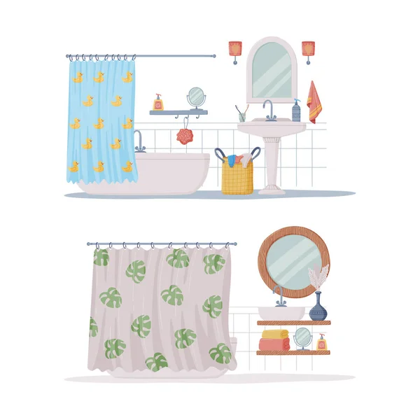 Badkamer of toilet Interieur met bad, wastafel en spiegel Vector Illustratie Set — Stockvector