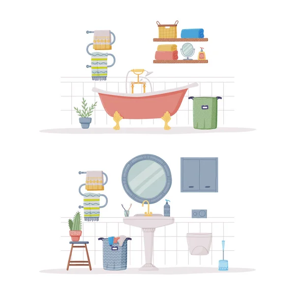 Cuarto de baño o baño interior con fregadero, espejo y cesta de lavandería Vector Illustration Set — Archivo Imágenes Vectoriales