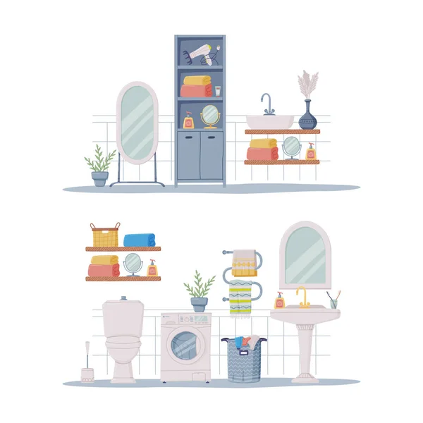 Banheiro ou banheiro interior com pia, máquina de lavar e vaso sanitário Conjunto de ilustração vetorial —  Vetores de Stock