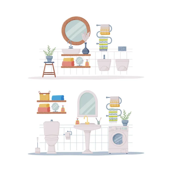 Badezimmer oder Waschraum Innenraum mit Waschbecken, Waschmaschine und Toilettenschüssel Vector Illustration Set — Stockvektor