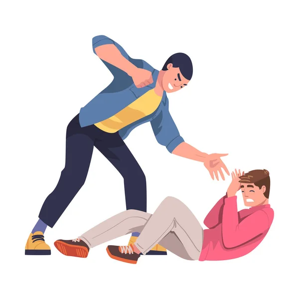 Agressor en slachtoffer met gewelddadige man misbruiken en slaan met vuist liegen een vector illustratie — Stockvector