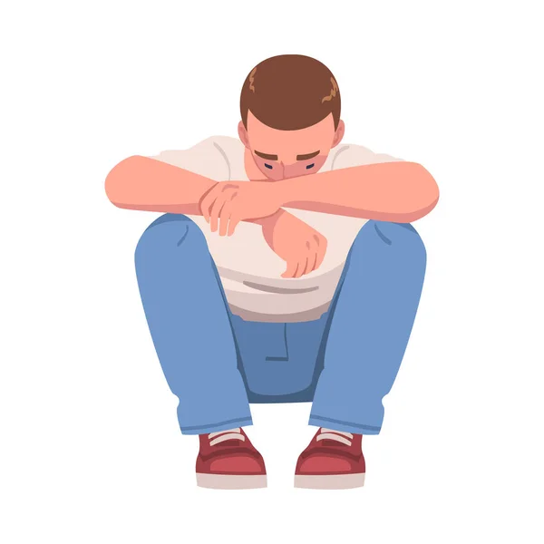 Sad Man Sitting with Bend Knees Suffering from Abuse and Bullying Vector Illustration — Stock Vector