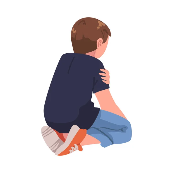 Sad Teen Boy Sitting with Bend Knees Suffering from Abuse and Bullying Vector Illustration — Stock Vector
