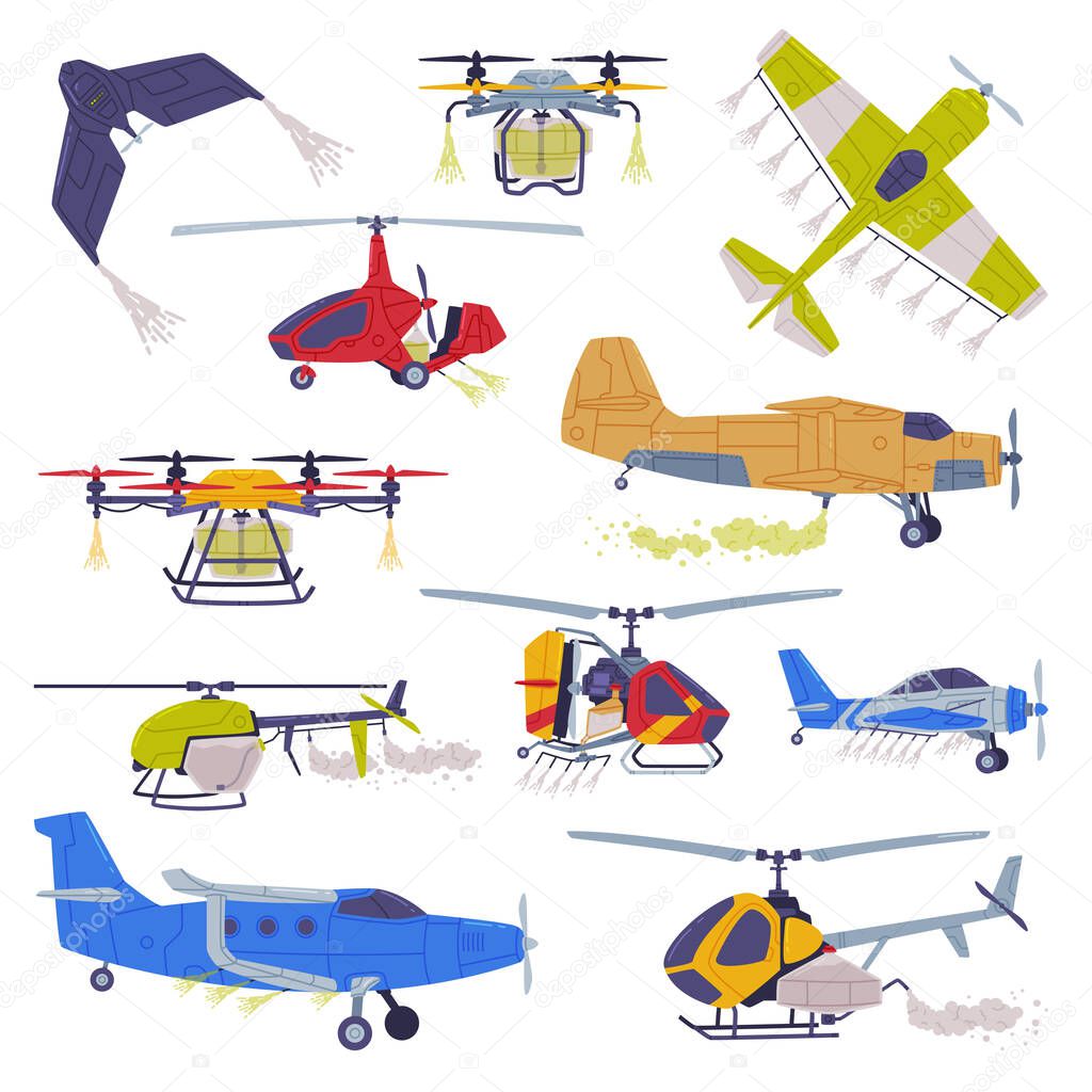 Agricultural Propeller Plane for Aerial Application of Pesticides Vector Set
