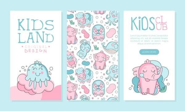 Linda plantilla de tarjeta vectorial animal rosa y azul para niños — Vector de stock
