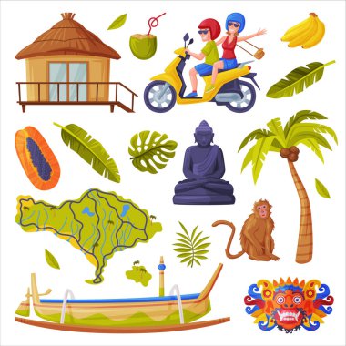 Bungalov ve Etnik Maske Vektörü Ayarlı Bali Geleneksel Kültür Özniteliği