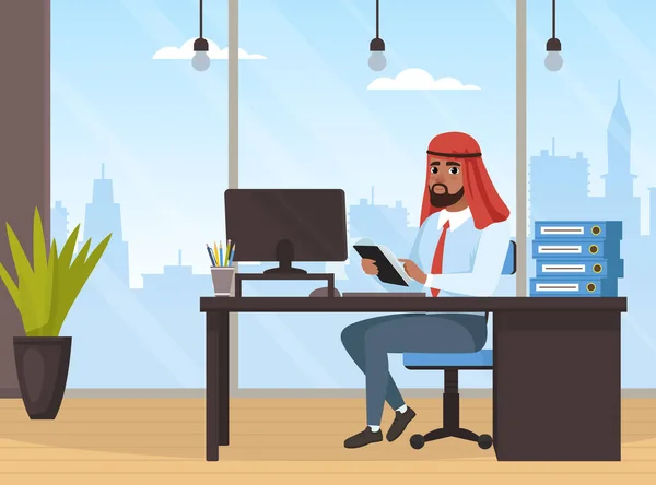 Arab Businessman in Keffiyeh Sedící za stolem v Office Vector Illustration — Stockový vektor