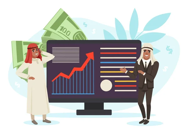 Empresário Árabe em Keffiyeh Perto de Computador Enorme com Crescimento Gráfico Vector Ilustração — Vetor de Stock
