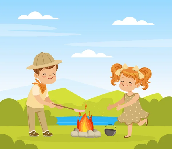 Little Boy and Girl Scout at Summer Camp at Campfire Frying Sausage Vector Illustration — Stock Vector