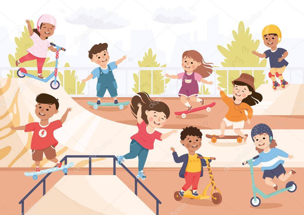Little Boy and Girl on Skateboard and Scooter in Skate Park Having Fun and Enjoying Recreational Activity Vector Illustration