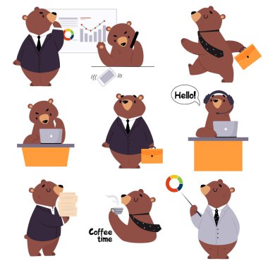 Bear Staff or Office Employee in Tie and Suit Speaking by Phone and Executing Task Vector Set clipart