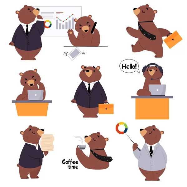 Personal de oso o empleado de oficina con corbata y traje Hablando por teléfono y ejecutando el conjunto de vectores de tareas — Archivo Imágenes Vectoriales