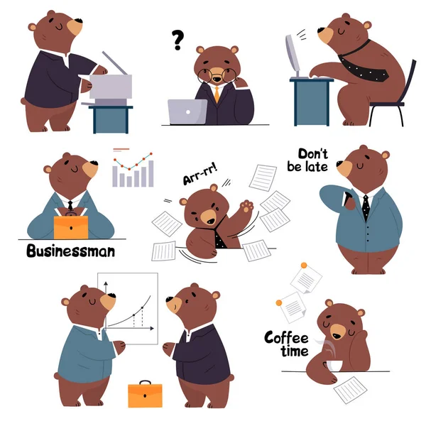 Personel niedźwiedzia lub pracownik biura w krawacie i garniturze na laptopie Wykonywanie zadań i picie kawy wektor zestaw — Wektor stockowy