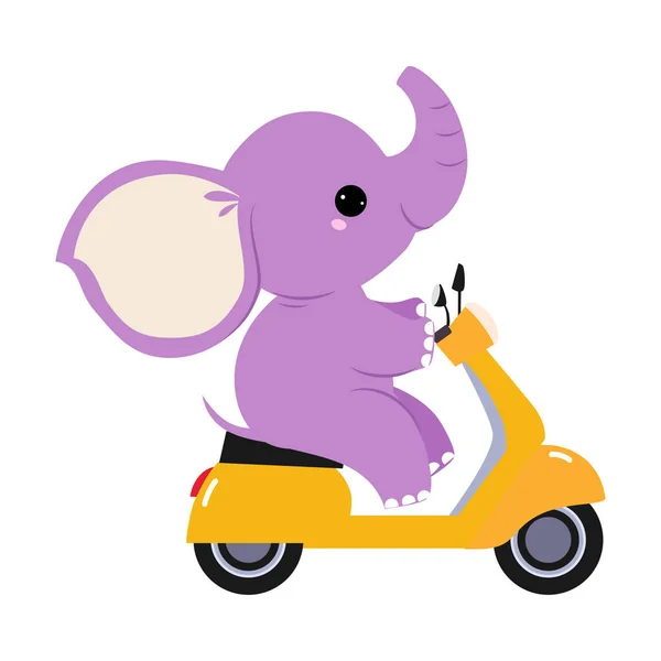 Lindo elefante púrpura personaje que monta la vespa del motor o la motocicleta Vector ilustración — Vector de stock