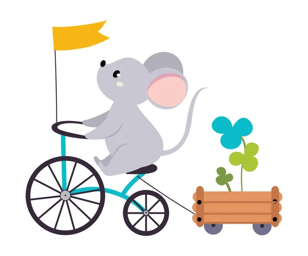 Carino Mouse Bicicletta o Ciclismo Cavalcando carrello di trazione della bicicletta con trifoglio vettoriale Illustrazione — Vettoriale Stock