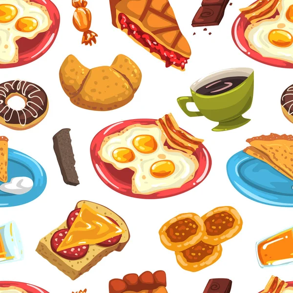 Tasty Breakfast Food and Drink Vector Seamless Pattern Template — Stock Vector
