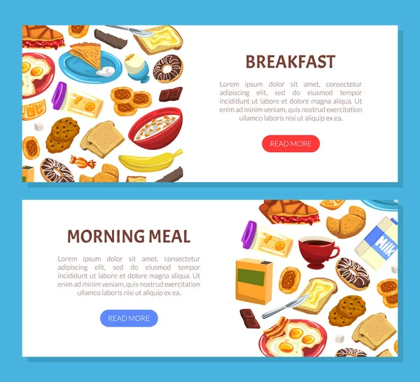 Modèle vectoriel horizontal de bannière de nourriture et de boisson de petit déjeuner savoureux — Image vectorielle