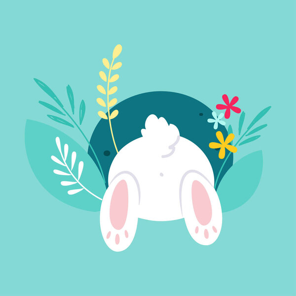 White Easter Bunny in Grass Searching for Egg on Blue Background Vector Illustration