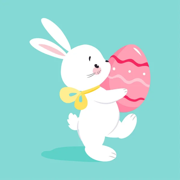 White Easter Bunny Carrying Decorated Egg on Blue Background Vector Illustration — Stock Vector