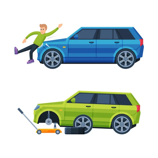 Traffic Collision or Car Accident with Pedestrian on the Road Vector Set — Stock Vector