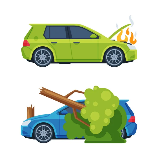 Traffic Collision or Car Accident with Damaged Transport on the Road Vector Set — Stock Vector