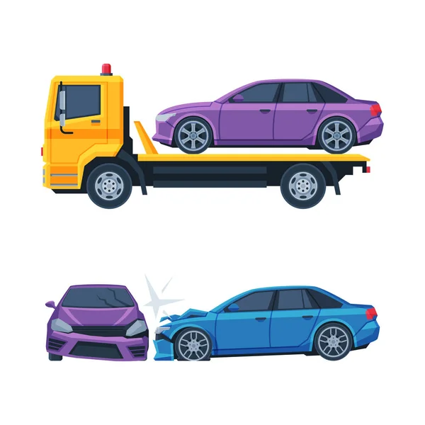 Traffic Collision or Car Accident with Damaged Transport on the Road Vector Set — Stock Vector