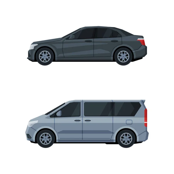 Sedan e Van come veicolo stradale e trasporto urbano Vector Set — Vettoriale Stock