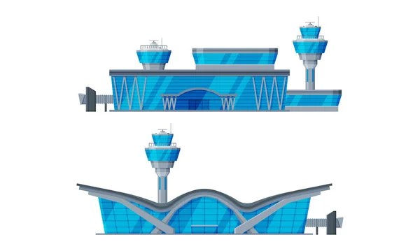 Aeroporto Terminal Building con Corridoio e Torre di Controllo Vector Set — Vettoriale Stock