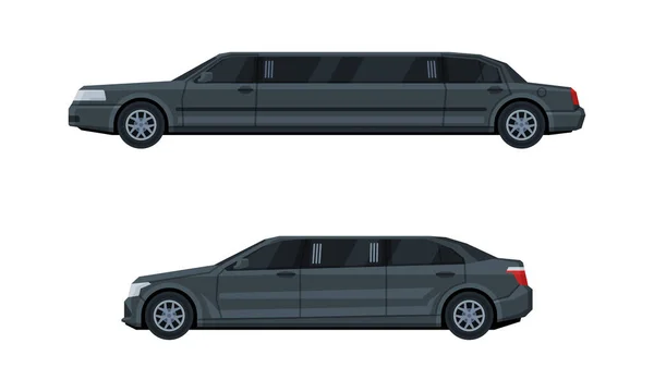 Stretch Limousine as Long Wheelbase Luxury Sedan and Urban Transport Vector Set — Stock Vector