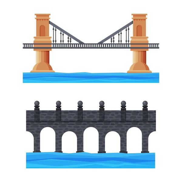 Bridge Structure Carrying Road Across River Vector Set — Stock Vector