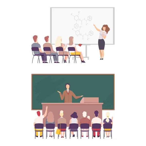 Man and Woman University Professor Standing in Front of Chalkboard Explaining Lesson and Student Sitting on Chair Vector Set — Stock Vector