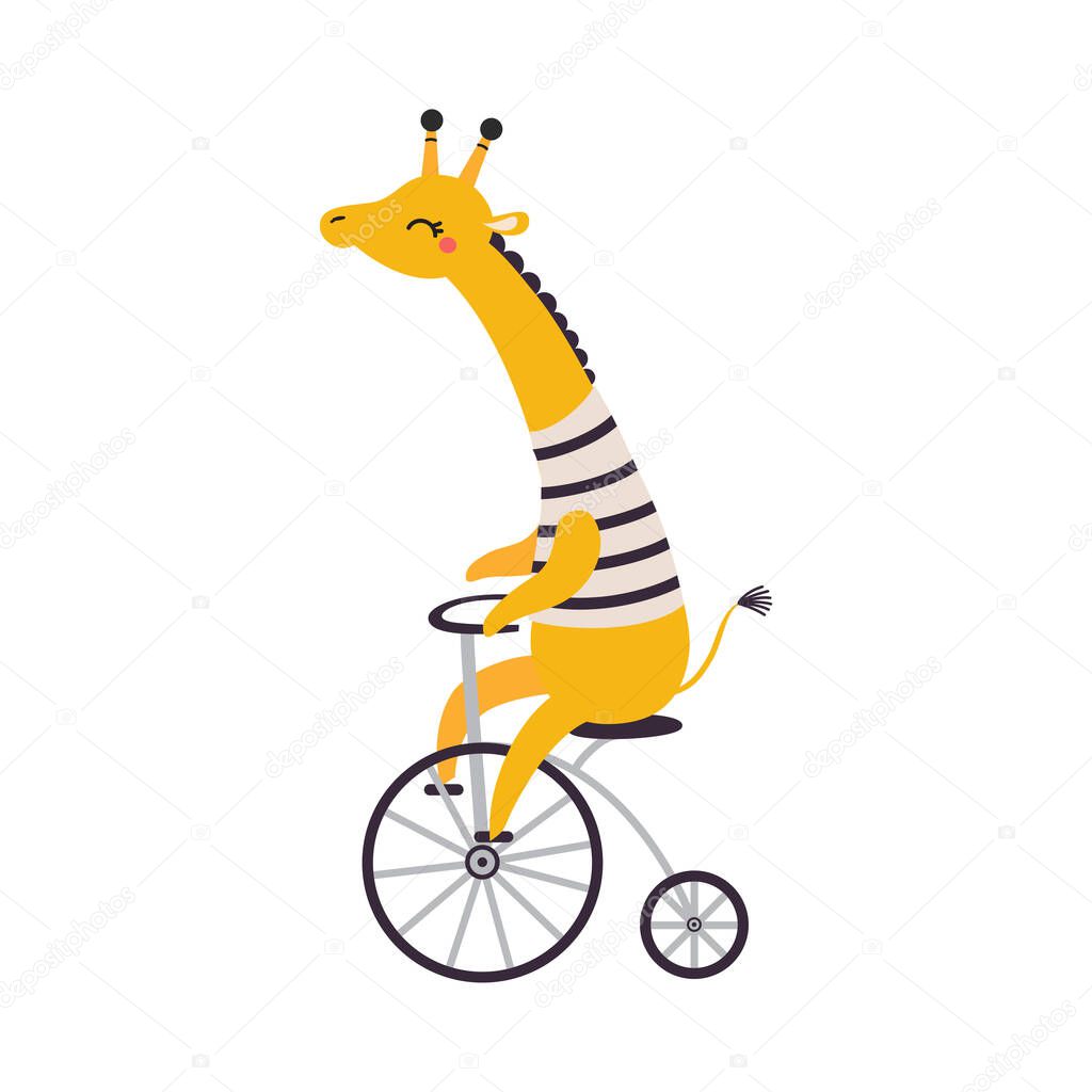 Cute Giraffe in Striped Vest Biking or Cycling Riding Bicycle Vector Illustration