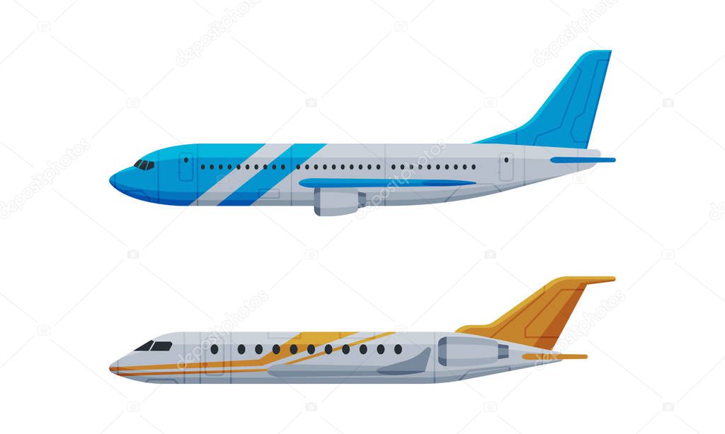 Flying Airliner or Airplane for Transporting Passengers Side View Vector Set
